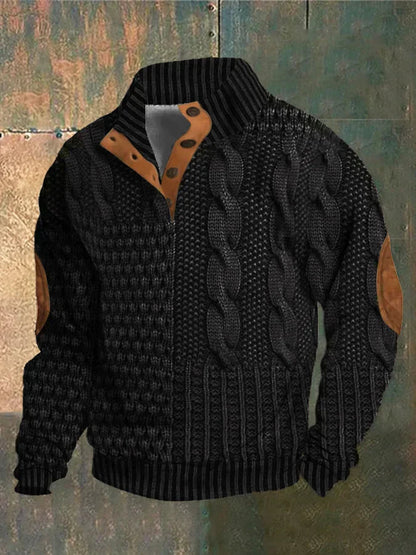 Men's Rugged Knit Sweater Jacket - Warm Casual Outerwear with Suede Elbow Patches for a Stylish Look