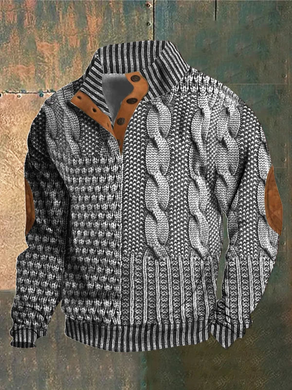 Men's Rugged Knit Sweater Jacket - Warm Casual Outerwear with Suede Elbow Patches for a Stylish Look