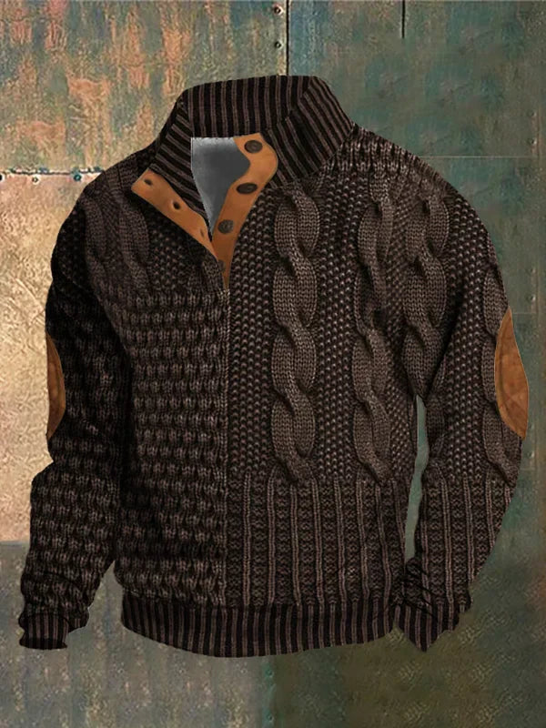 Men's Rugged Knit Sweater Jacket - Warm Casual Outerwear with Suede Elbow Patches for a Stylish Look