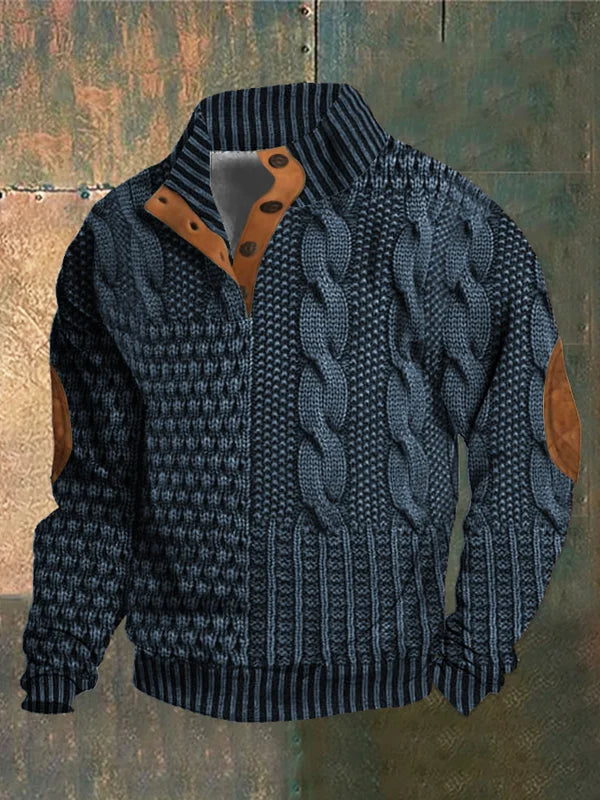 Men's Rugged Knit Sweater Jacket - Warm Casual Outerwear with Suede Elbow Patches for a Stylish Look